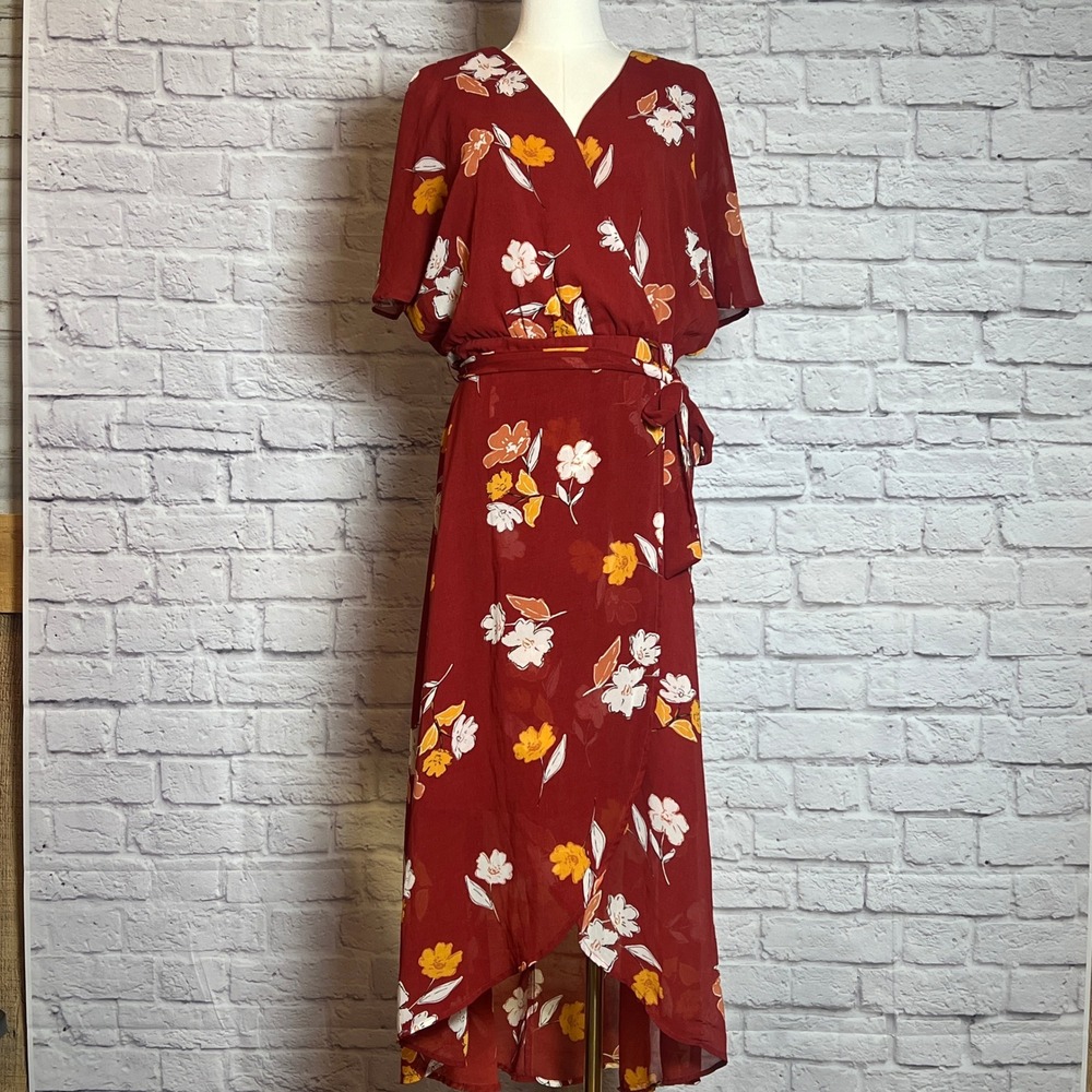 Luxology Red Floral Wrap Maxi Dress Women's size 12